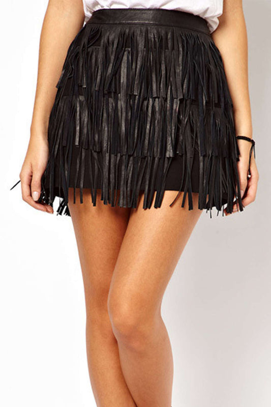Iyasson Tassel Tiered Faux Leather Mini Skirt