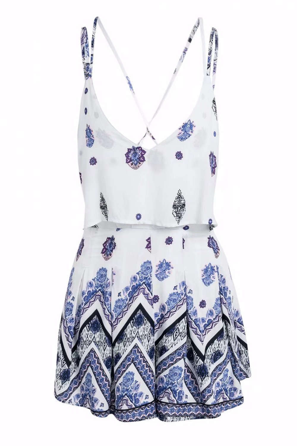 Iyasson Bohemian V-neck Open Back Romper