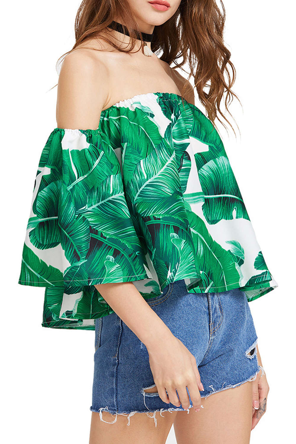 Iyasson Off Shoulder Flared Cuffs Tropical Printing Tops