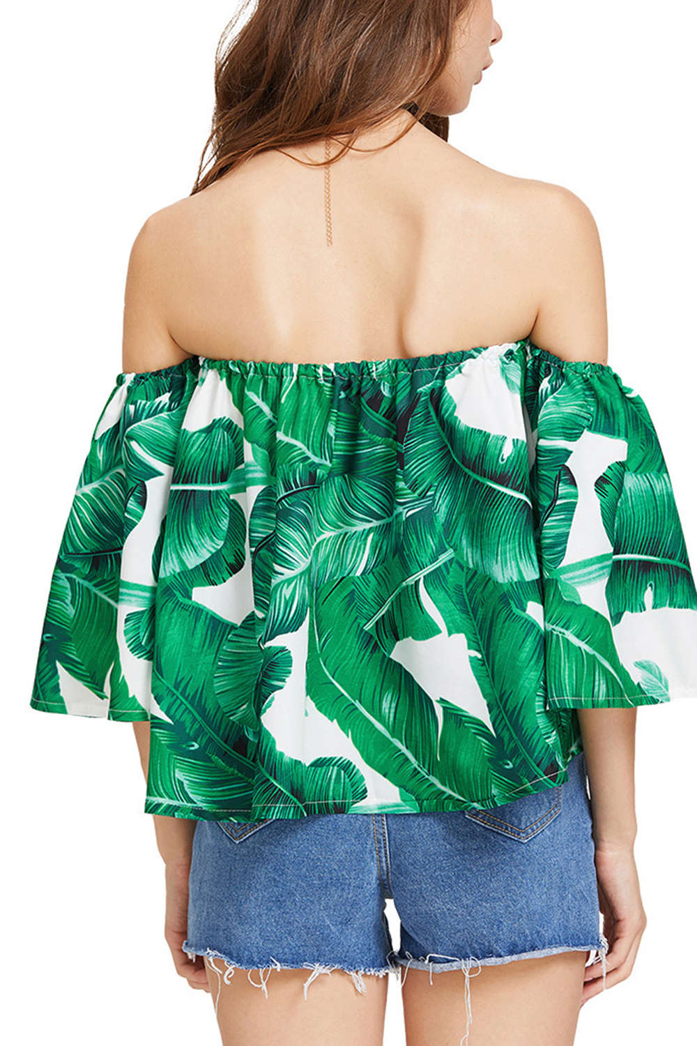 Iyasson Off Shoulder Flared Cuffs Tropical Printing Tops