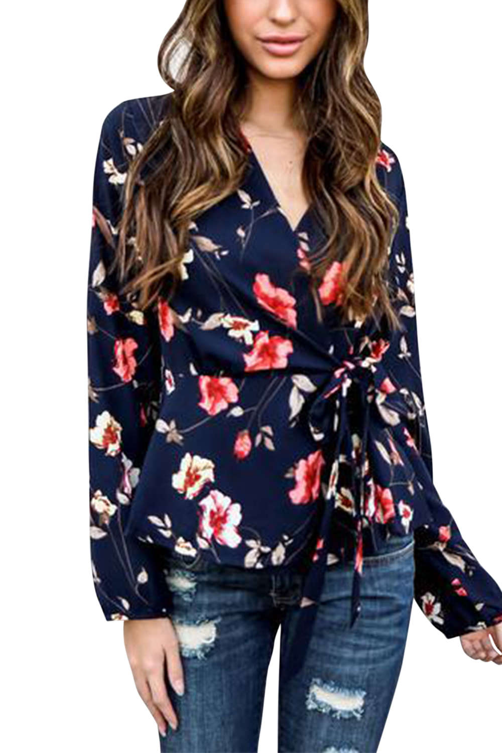 Iyasson Floral Tie Wrap Long Sleeve Blouse