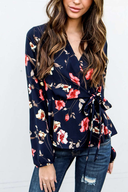 Iyasson Floral Tie Wrap Long Sleeve Blouse