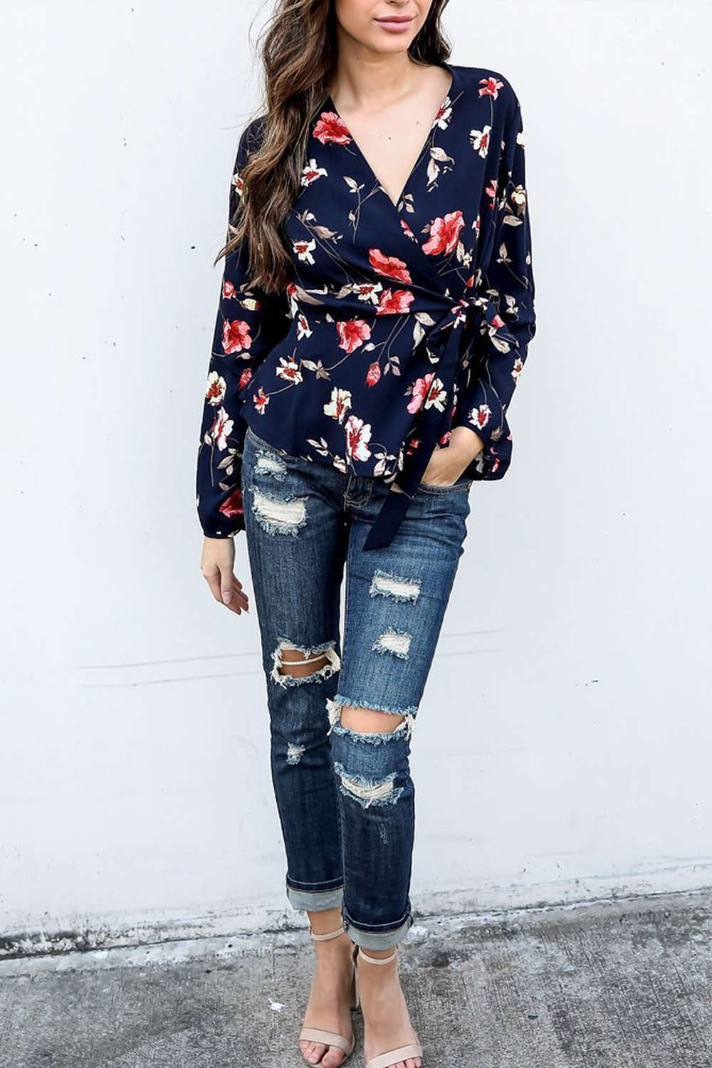 Iyasson Floral Tie Wrap Long Sleeve Blouse