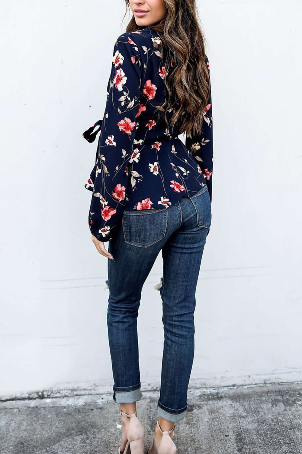 Iyasson Floral Tie Wrap Long Sleeve Blouse