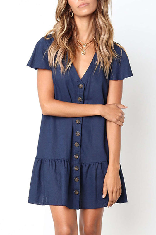 Iyasson Frill Hem Button Through V-neck Dress