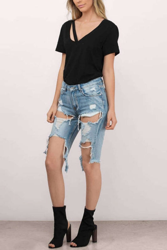 Iyasson Short Sleeve V Neck Cutout Tee