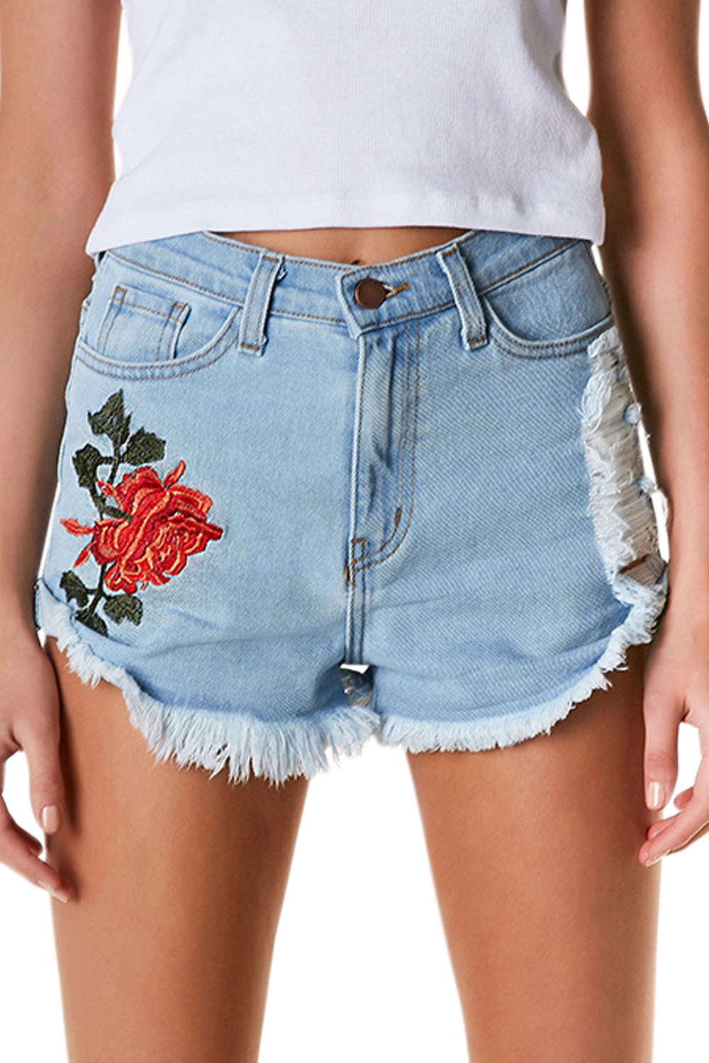 Iyasson Rose Embroidery Denim Shorts