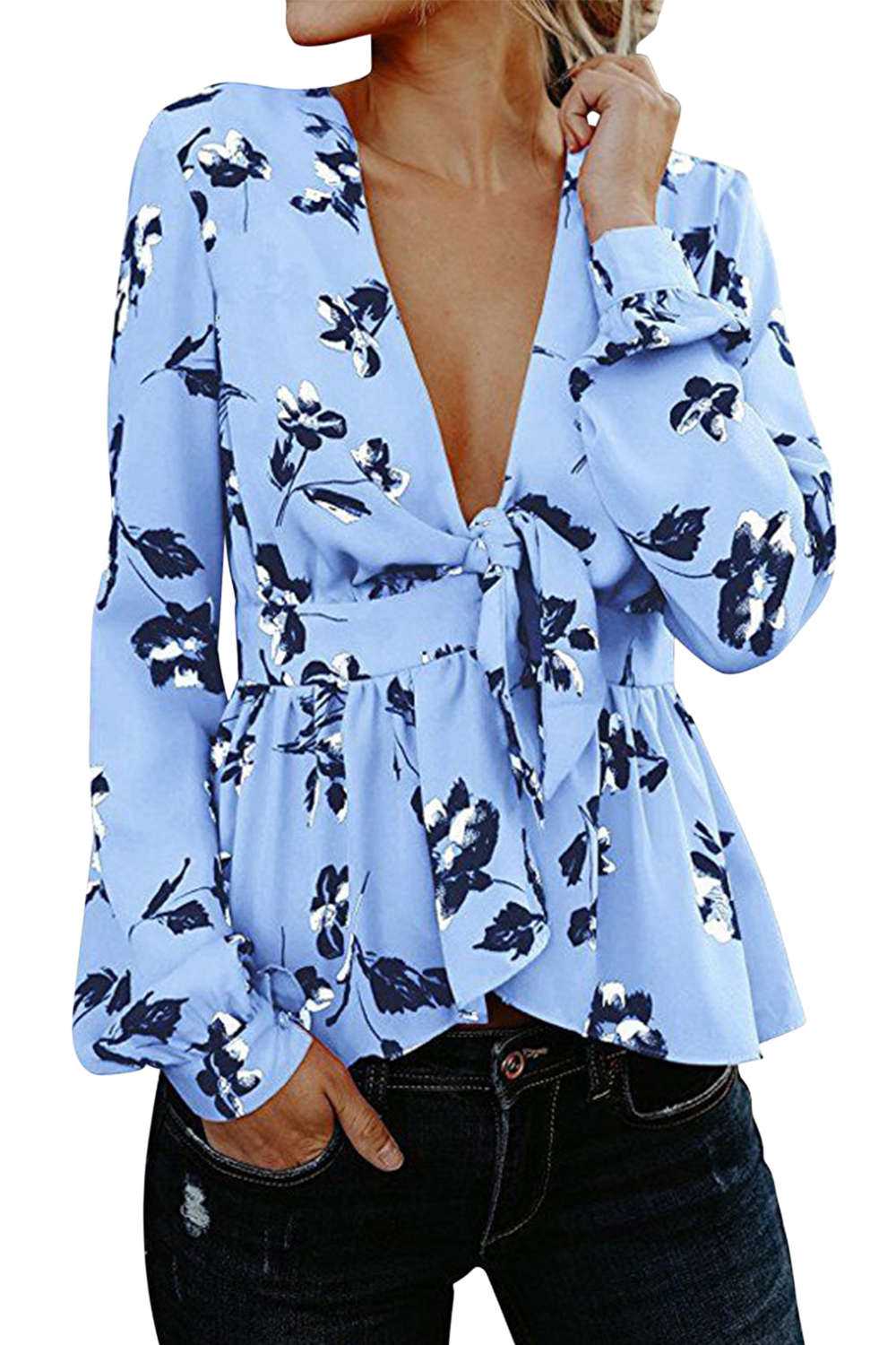 Iyasson Floral Printing V-neck Front Tie Wrapped Ruffled Hem Top