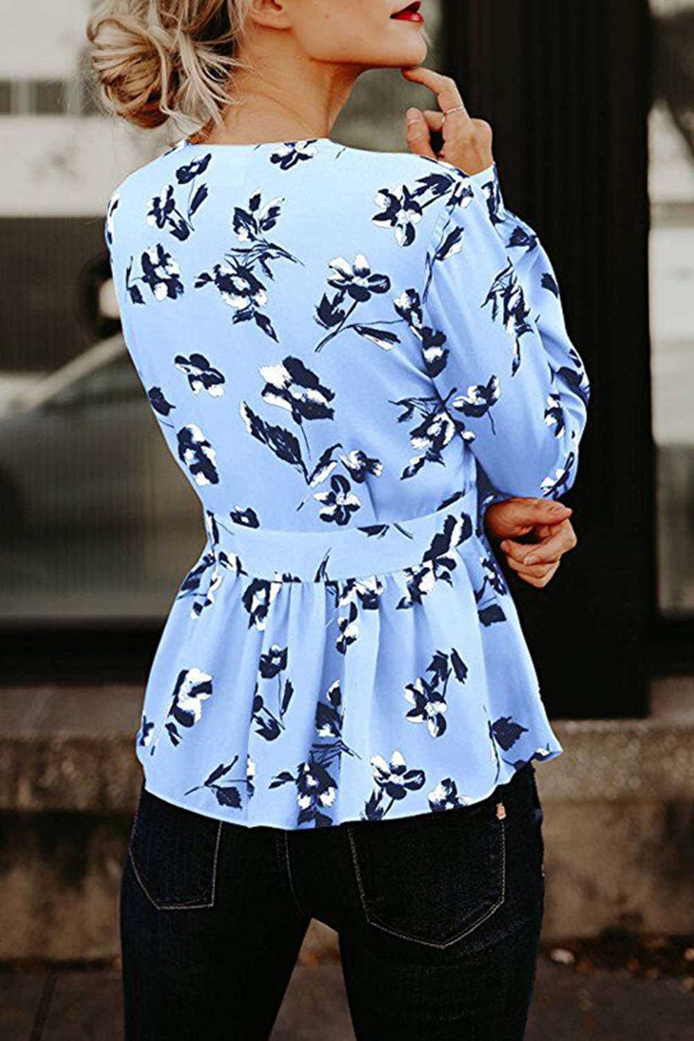 Iyasson Floral Printing V-neck Front Tie Wrapped Ruffled Hem Top