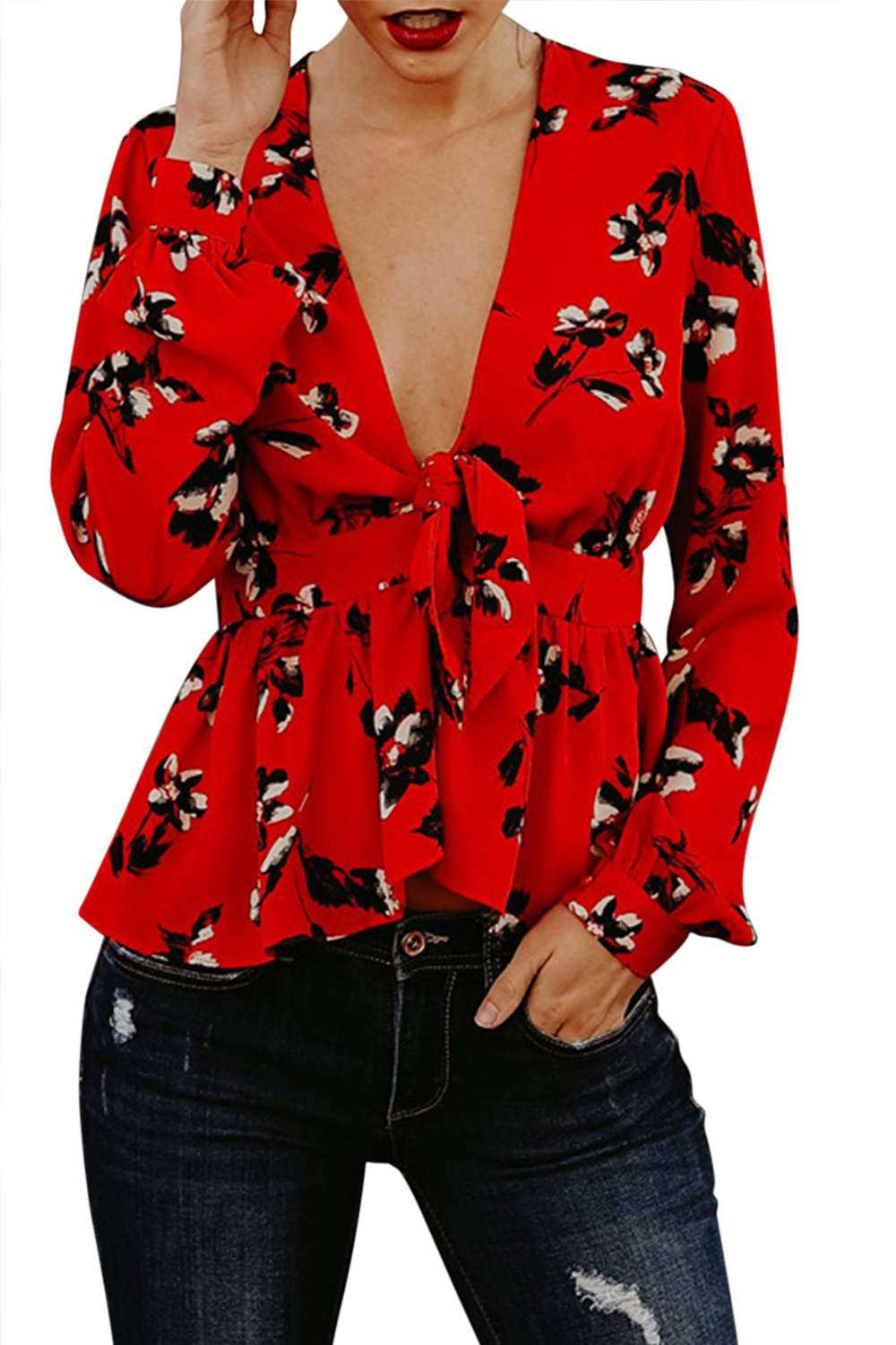 Iyasson Floral Printing V-neck Front Tie Wrapped Ruffled Hem Top