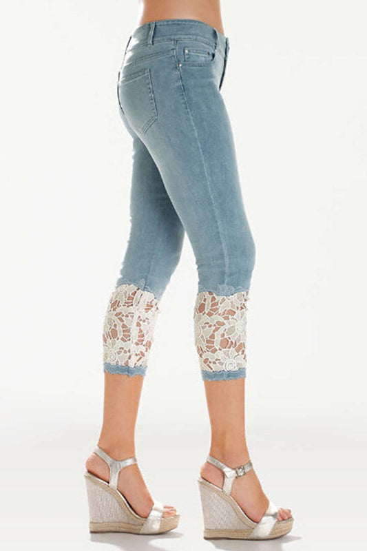 Iyasson White Lace Trim Splicing Skinny Jeans