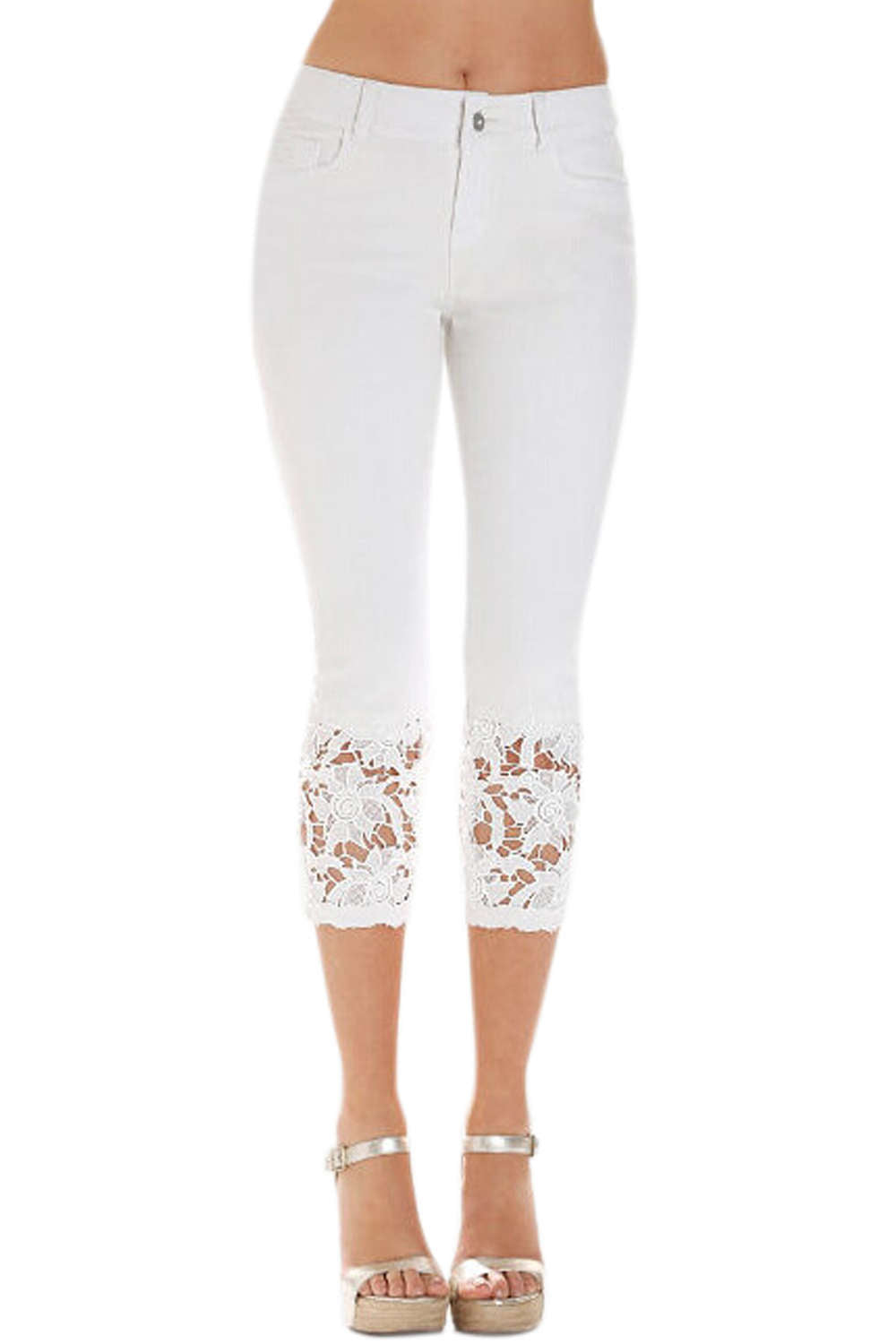 Iyasson White Lace Trim Splicing Skinny Jeans