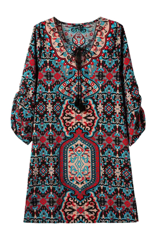 Iyasson Vintage Floral V-Neck Tassel Loose Dress