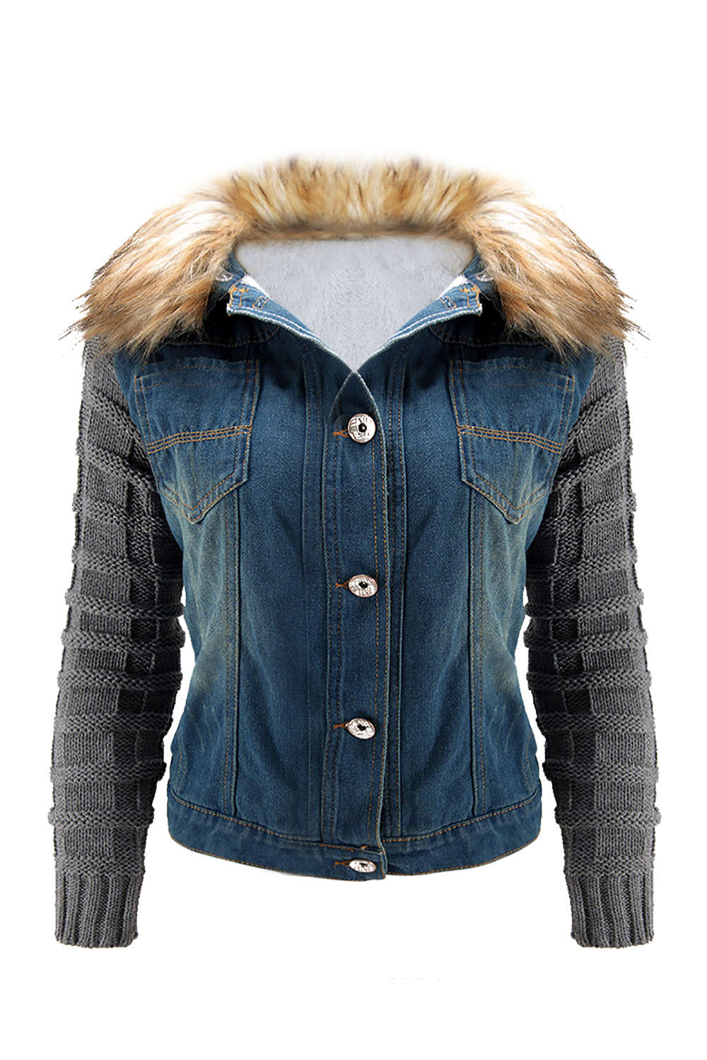 Iyasson Womens Winter Warm Coat Knit Long Sleeve Denim  Jacket Outwear
