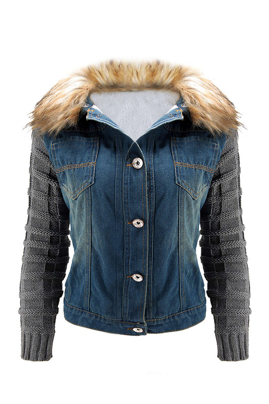 Iyasson Womens Winter Warm Coat Knit Long Sleeve Denim Jacket Outwear