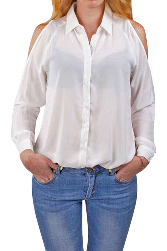 Iyasson Women's Sexy Chiffon Cold Shoulder Long Sleeve Shirt Loose Tops