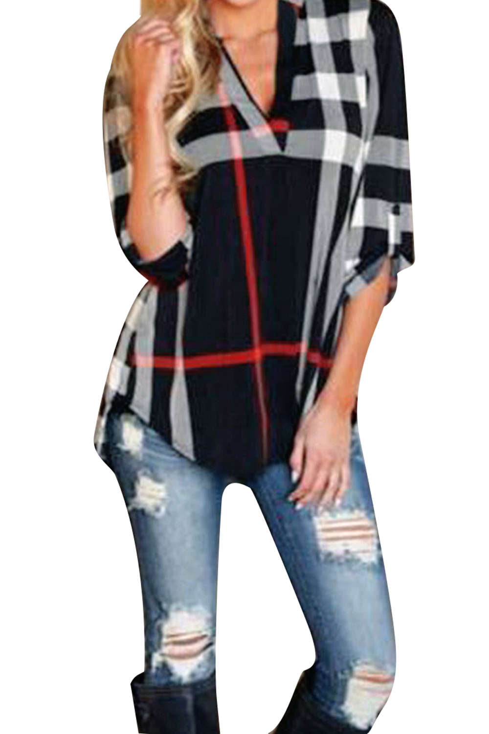 Iyasson Women's Plaid Print Hemden 3/4 Armel Bluse T-Shirt Oberteile Tops