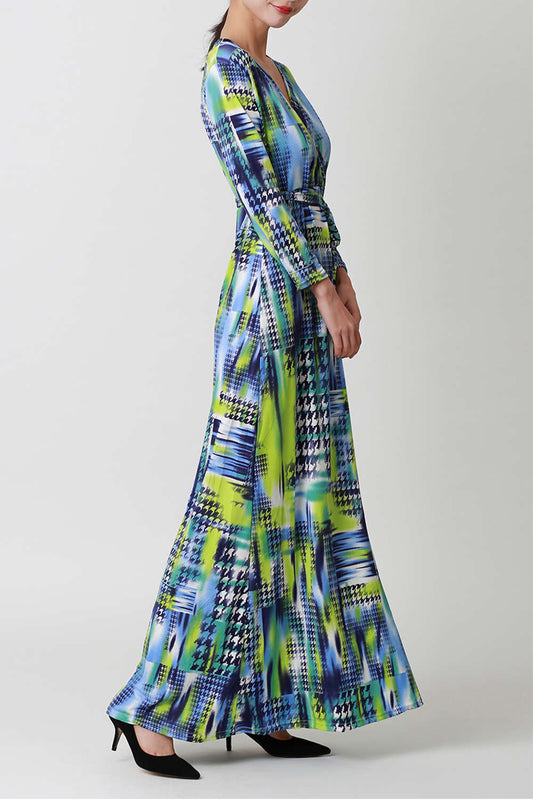 Iyasson Women Long Sleeve Print Long Slit Wrap  Dresses