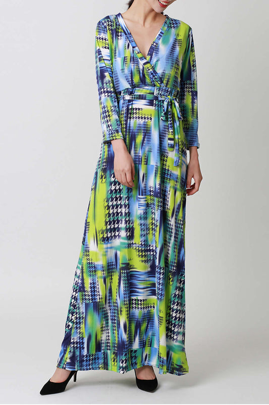 Iyasson Women Long Sleeve Print Long Slit Wrap  Dresses