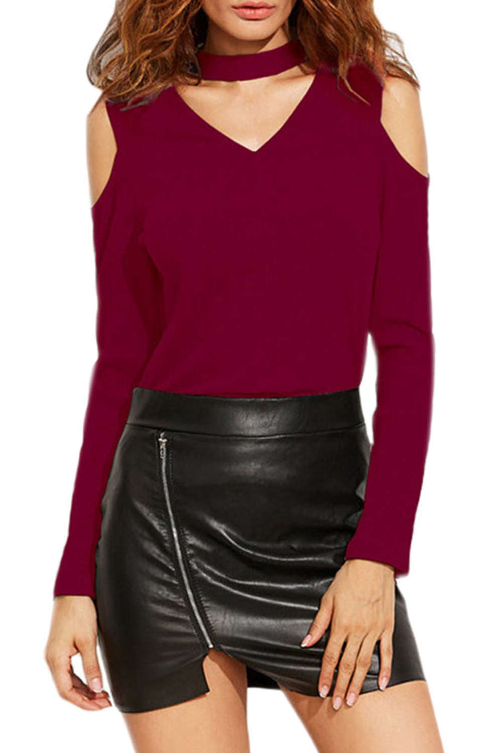 Iyasson Cold Shoulder Choker Detail Top