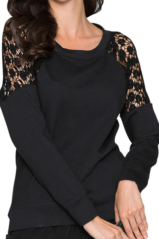 Iyasson Long Sleeve Round Neck Lace Splicing Top