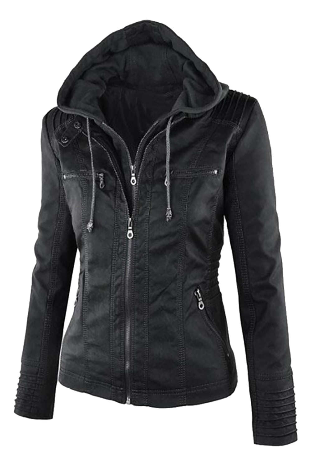 Iyasson Women's  Faux Leather Zip Up Hooded Jacket