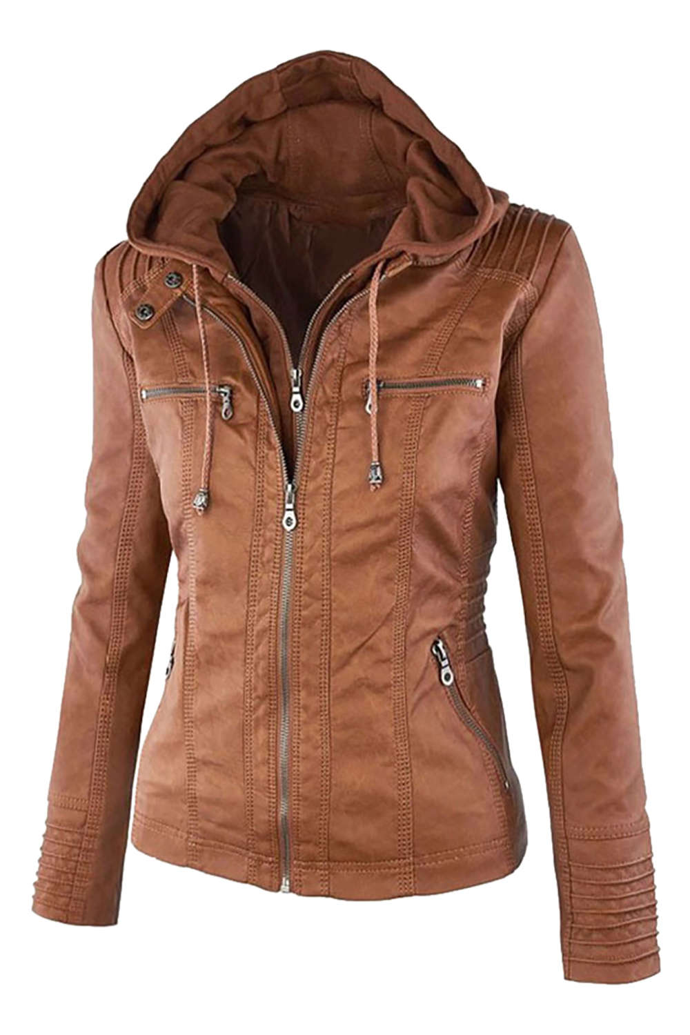 Iyasson Women's  Faux Leather Zip Up Hooded Jacket