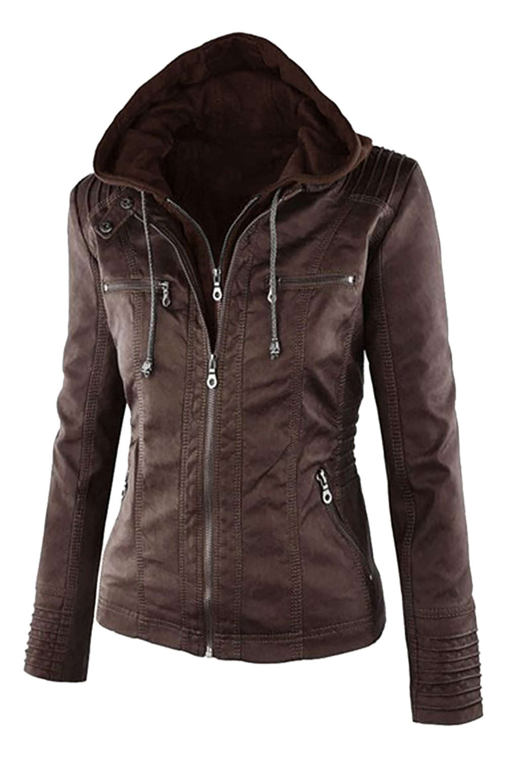 Iyasson Women's  Faux Leather Zip Up Hooded Jacket