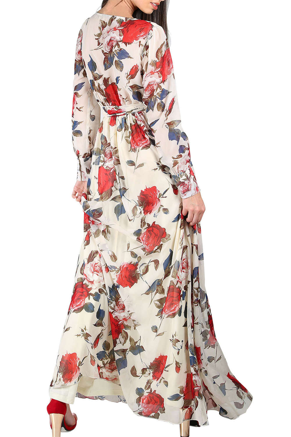 Iyasson Floral Printed V-Neck Long Sleeve Maxi Dress