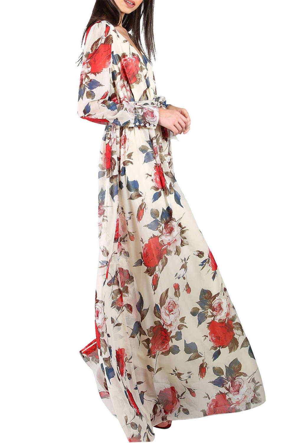 Iyasson Floral Printed V-Neck Long Sleeve Maxi Dress