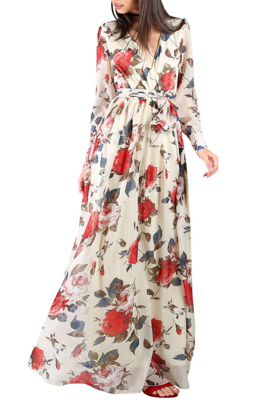 Iyasson Floral Printed V-Neck Long Sleeve Maxi Dress