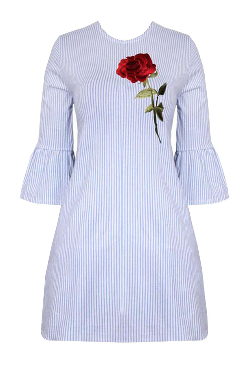 Iyasson Bell Sleeve Rose Embroidery A-Line Dress