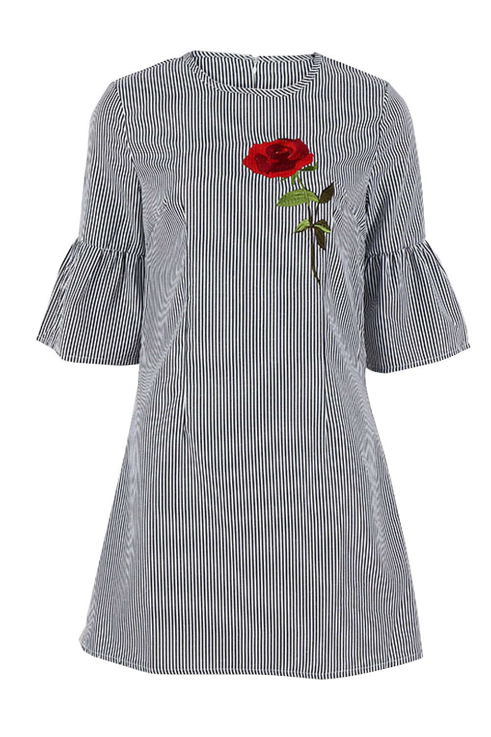 Iyasson Bell Sleeve Rose Embroidery A-Line Dress