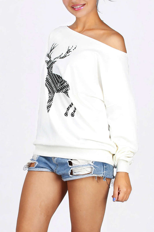 Iyasson Christmas Moose Printing One Shoulder Casual Hoodie