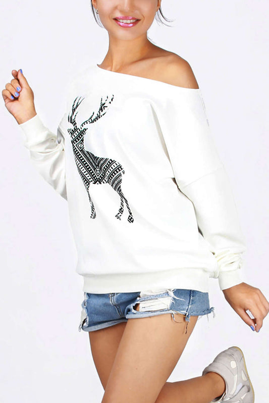 Iyasson Christmas Moose Printing One Shoulder Casual Hoodie