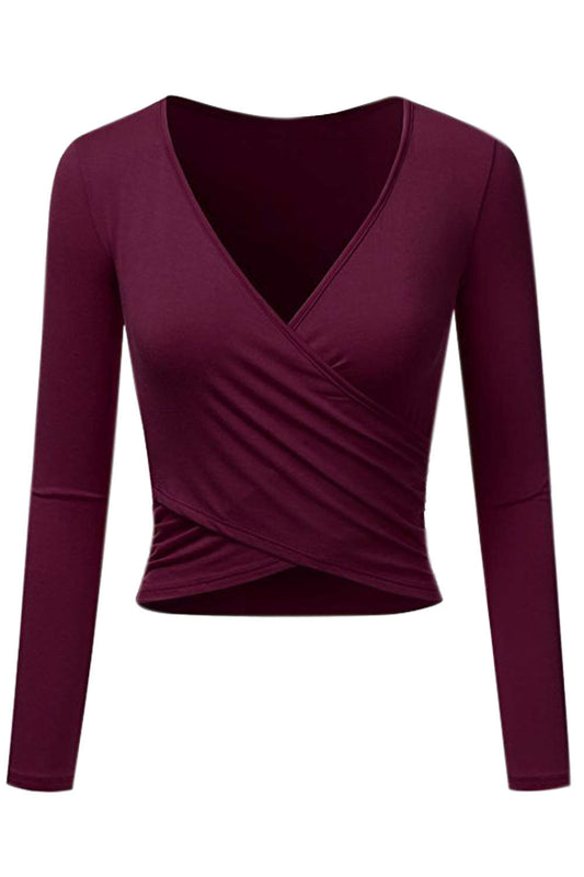 Iyasson Women's V-neck Long Sleeve Wrap Crop Tops