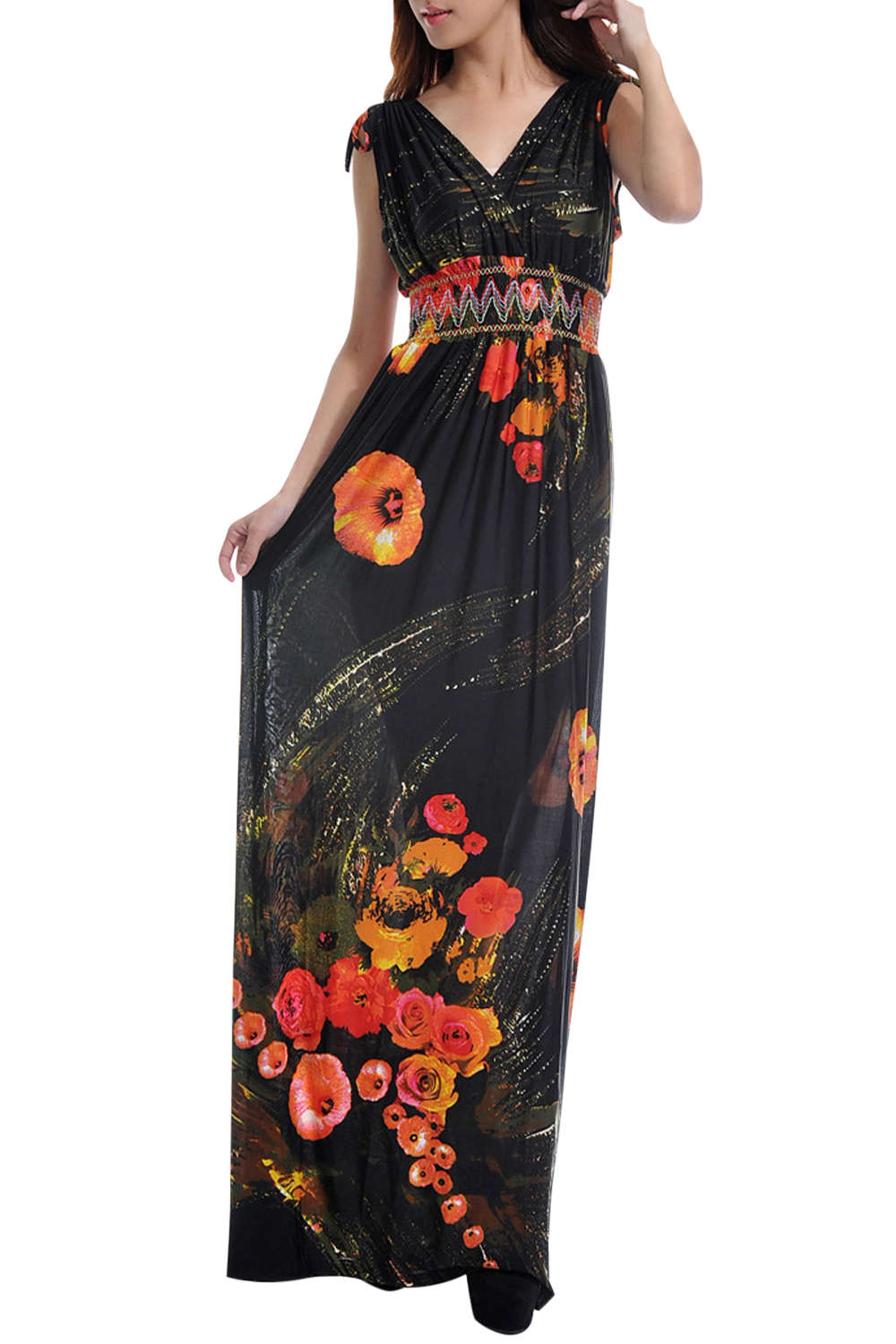 Iyasson Bohemian Floral Print V-neck Sleeveless Maxi Dress