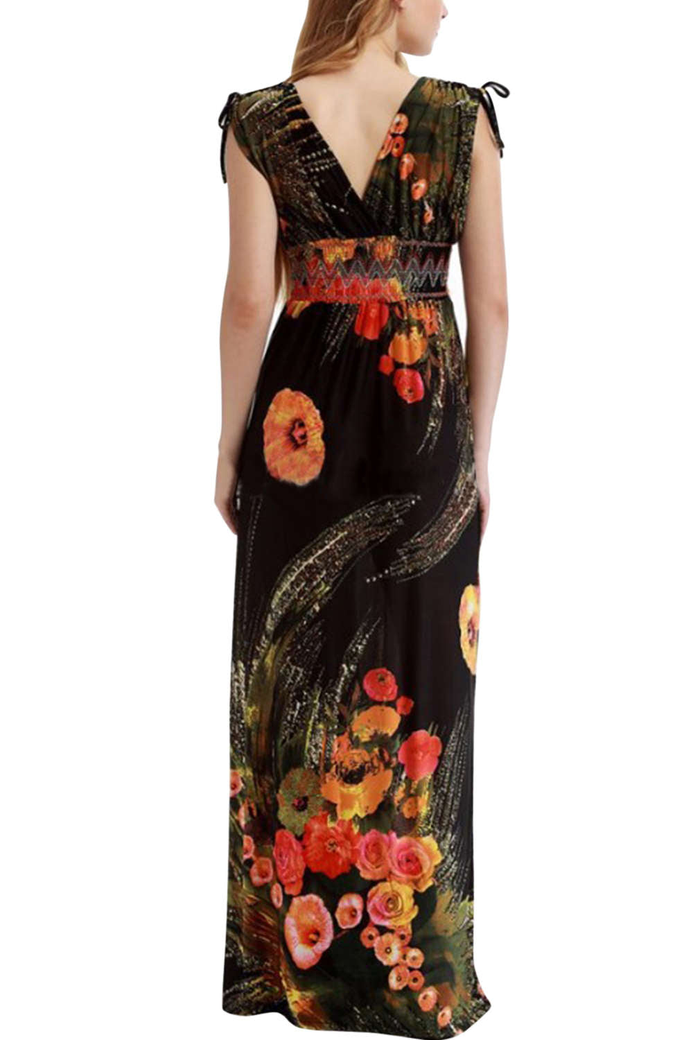 Iyasson Bohemian Floral Print V-neck Sleeveless Maxi Dress