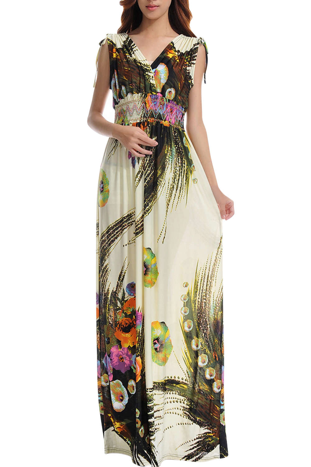 Iyasson Bohemian Floral Print V-neck Sleeveless Maxi Dress