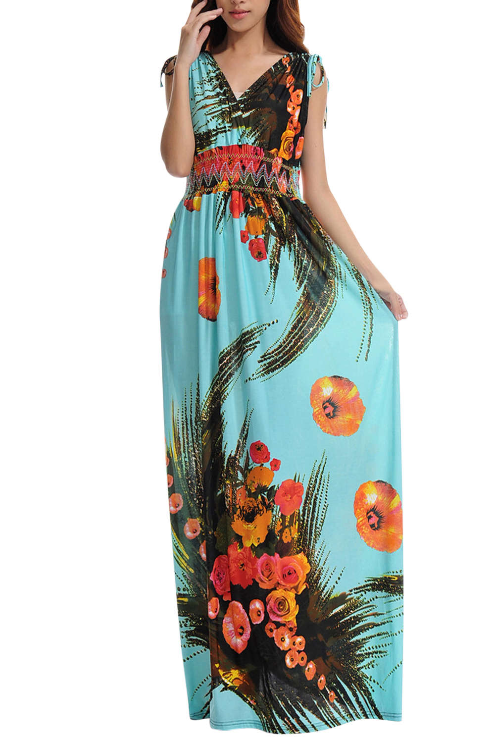 Iyasson Bohemian Floral Print V-neck Sleeveless Maxi Dress