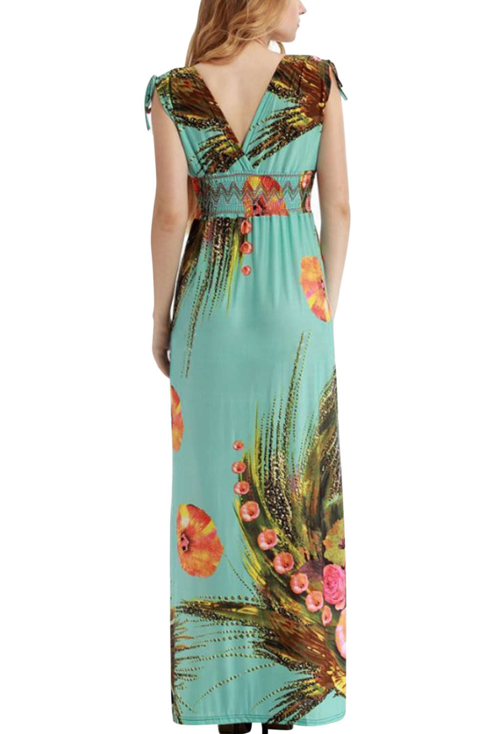 Iyasson Bohemian Floral Print V-neck Sleeveless Maxi Dress