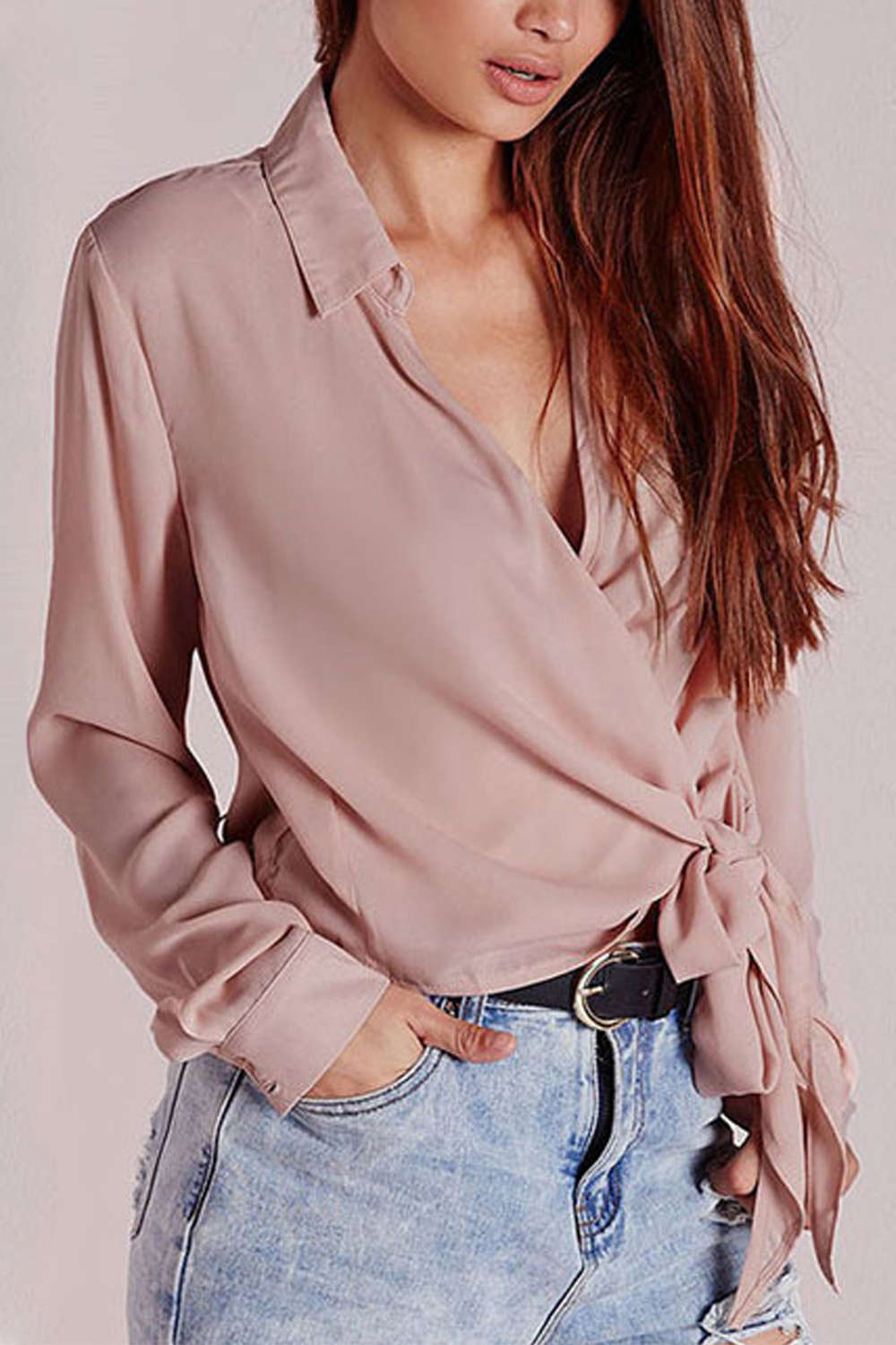 Iyasson Women Tie Front Knot Long Sleeve V Neck Wrap Casual Blouse