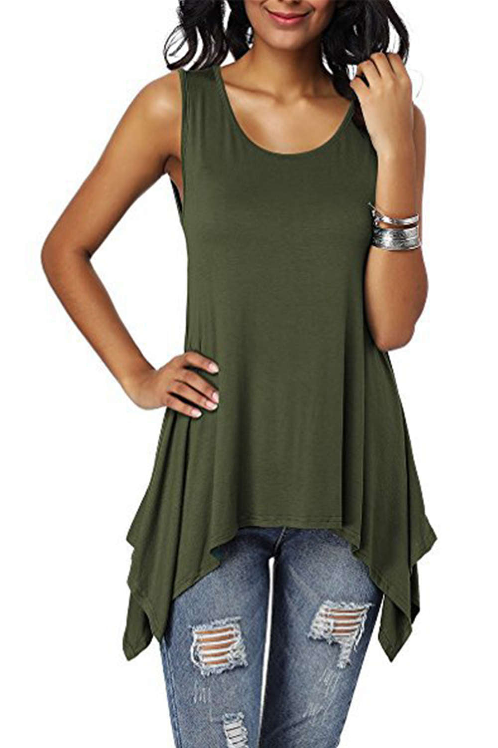 Iyasson Womens Scoop Neck Unbalanced Loose Fit Sleeveless Tunic Top