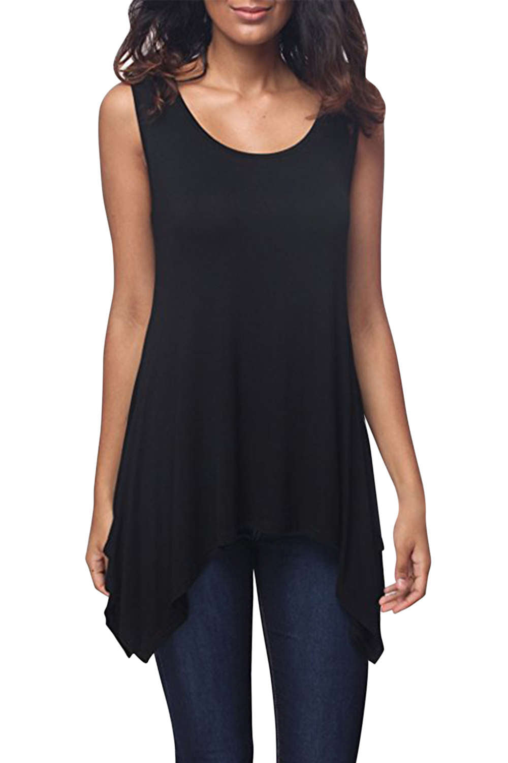 Iyasson Womens Scoop Neck Unbalanced Loose Fit Sleeveless Tunic Top