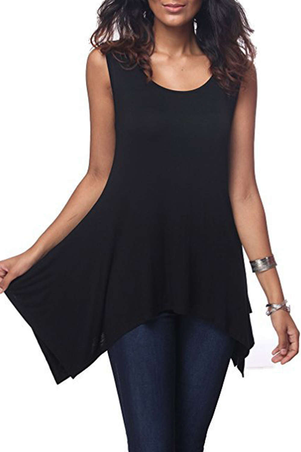 Iyasson Womens Scoop Neck Unbalanced Loose Fit Sleeveless Tunic Top