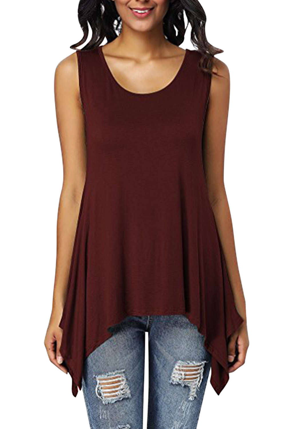 Iyasson Womens Scoop Neck Unbalanced Loose Fit Sleeveless Tunic Top