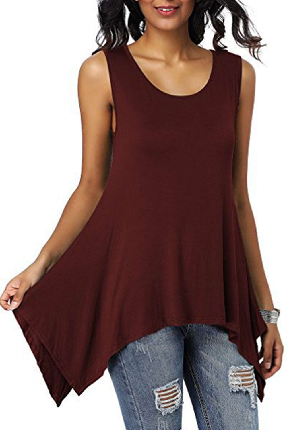 Iyasson Womens Scoop Neck Unbalanced Loose Fit Sleeveless Tunic Top