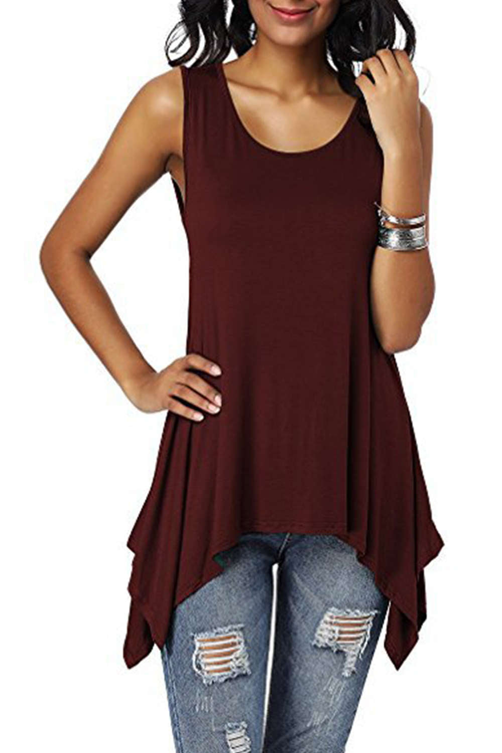 Iyasson Womens Scoop Neck Unbalanced Loose Fit Sleeveless Tunic Top