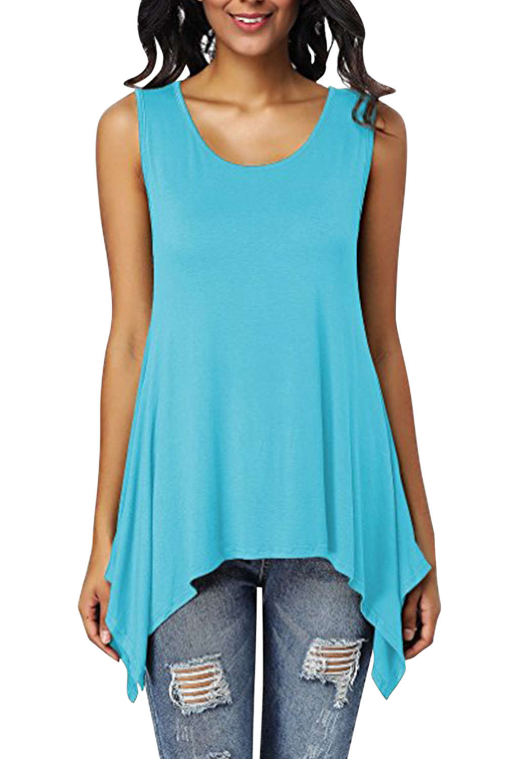 Iyasson Womens Scoop Neck Unbalanced Loose Fit Sleeveless Tunic Top
