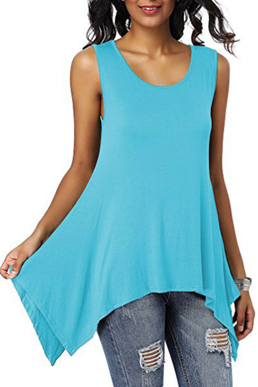 Iyasson Womens Scoop Neck Unbalanced Loose Fit Sleeveless Tunic Top